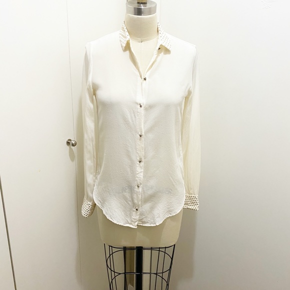 Zara Woman Mulberry Silk Button Down Blouse Vintage Skulls Off White Gold S - Picture 8 of 10